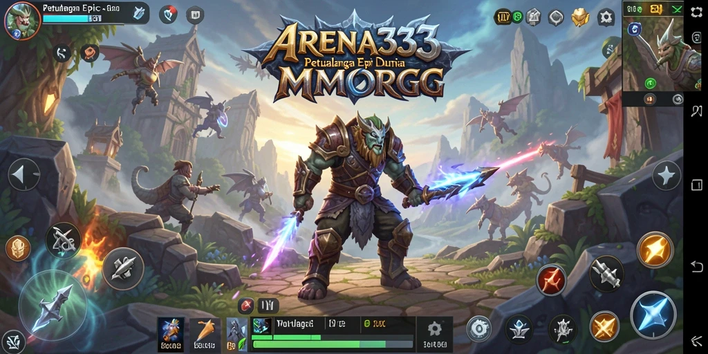 Screenshot utama ARENA333 menampilkan aksi pertempuran intens di dunia MMORPG.