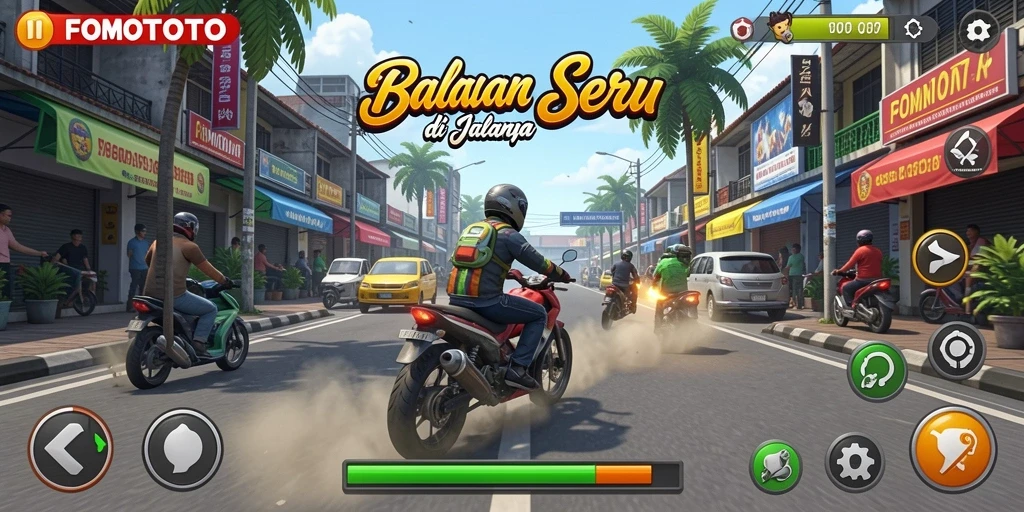 Gameplay balapan FOMOTOTO yang menegangkan di jalanan.