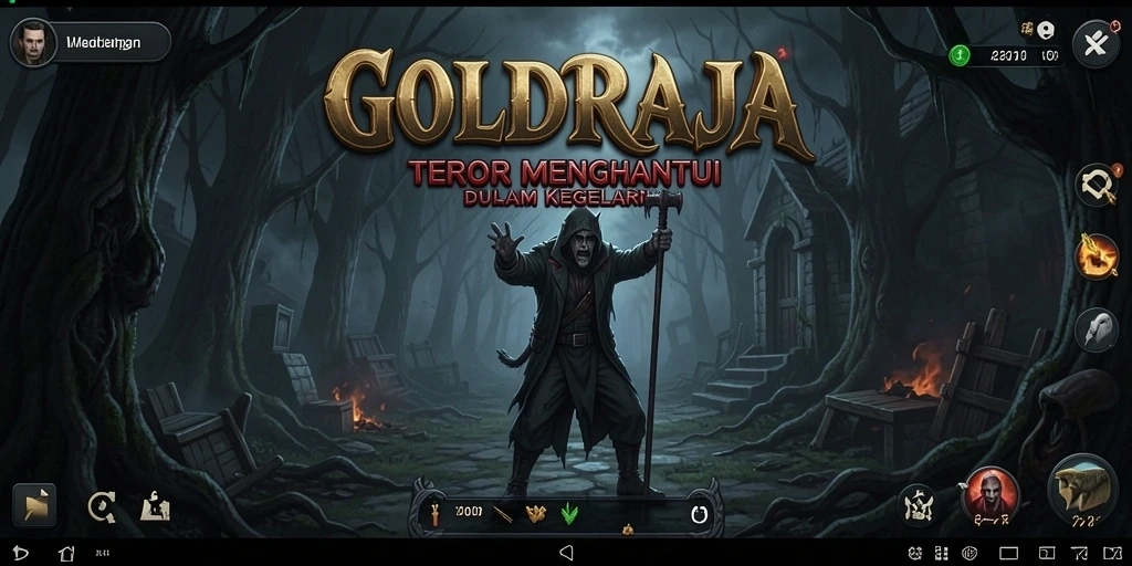 Screenshot gameplay <strong>GOLDRAJA</strong> menampilkan suasana mencekam dalam kegelapan.