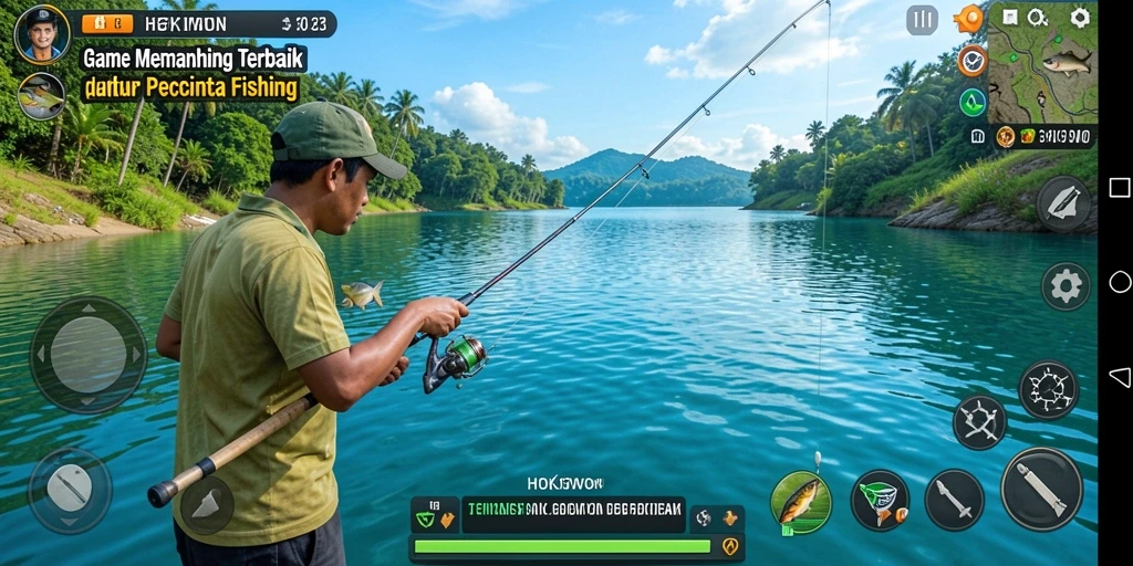 Tangkapan layar HOKIWON menampilkan gameplay memancing yang seru.