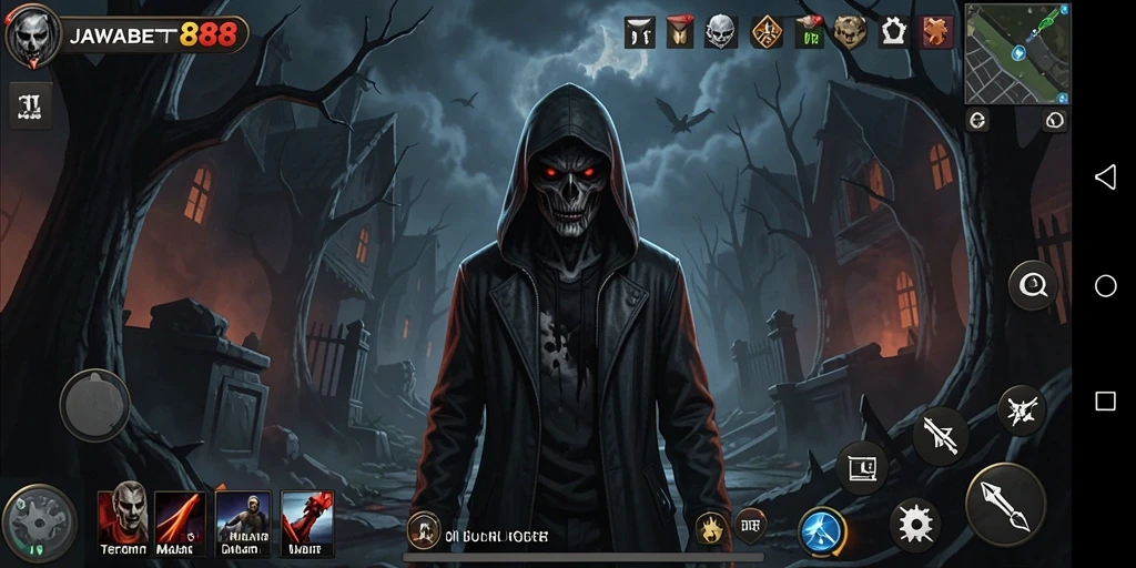 Tampilan gameplay <strong>JAWABET88</strong> yang mencekam dengan karakter menghadapi makhluk menyeramkan.