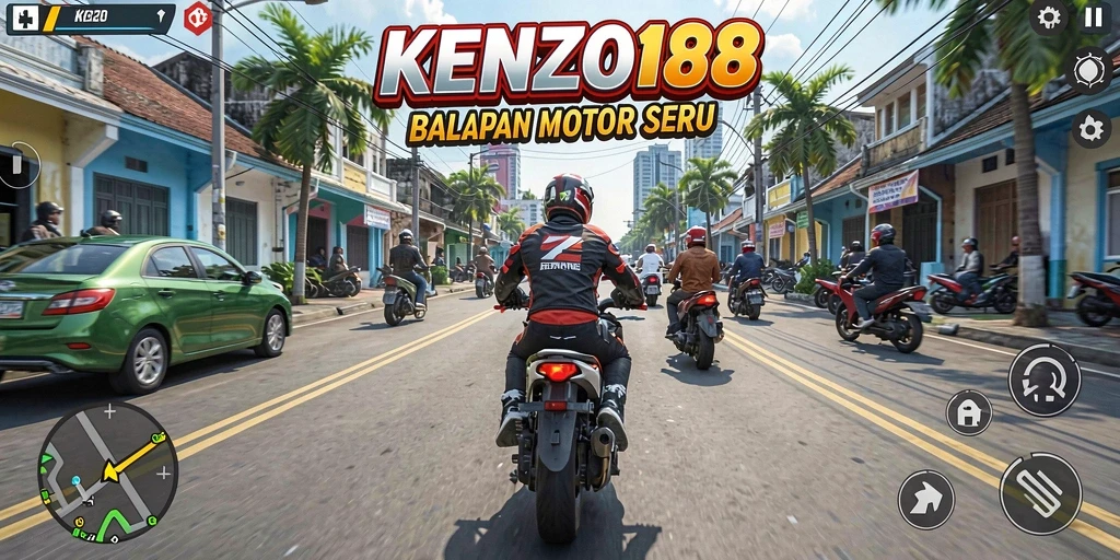 Tampilan gameplay seru KENZO188 di lintasan balap motor.