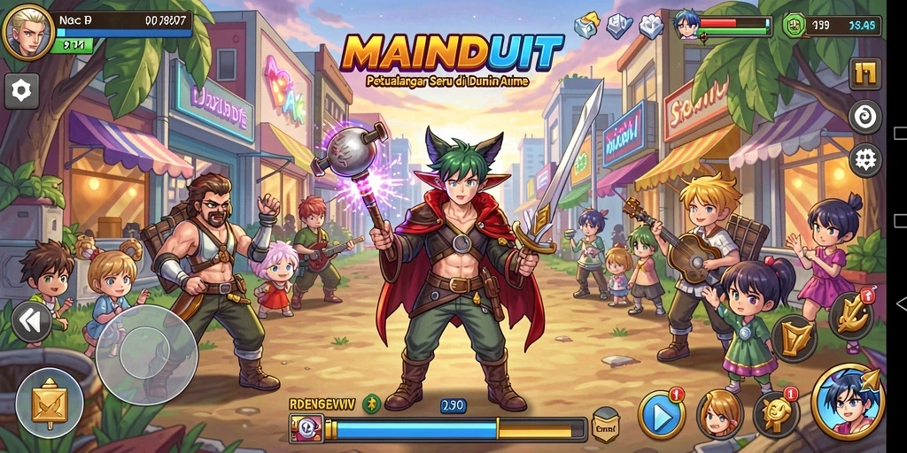 Tampilan gameplay MAINDUIT yang penuh aksi dan karakter Anime.