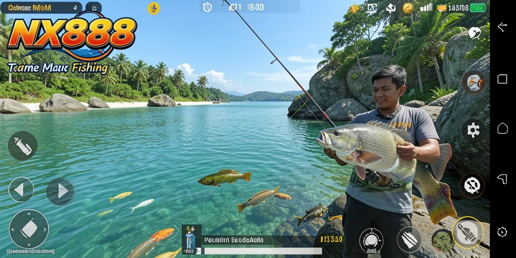 Screenshot gameplay NX888 menampilkan aksi memancing yang seru.