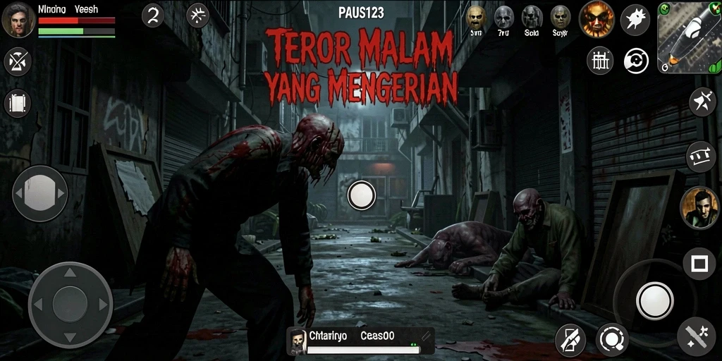 Screenshot menunjukkan pemain yang berlari di koridor gelap dipenuhi bayangan menakutkan.