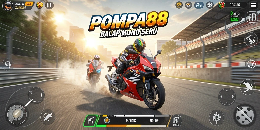 Tampilan gameplay POMPA88 yang penuh aksi dan kecepatan motor balap.